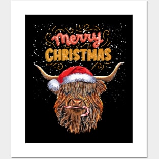 Highland cow and Merry Christmas, Christmas with cute Highland Cow, for nativity day Posters and Art